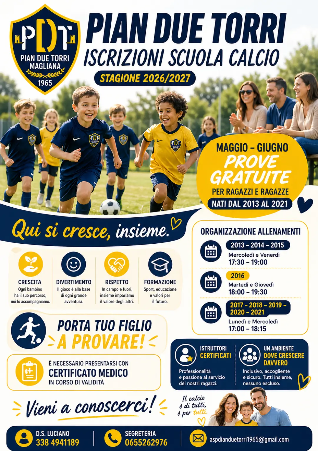 Locandina della scuola calcio Pian Due Torri con bambini che giocano a calcio, informazioni su prove gratuite nei mesi di maggio e giugno per nati dal 2013 al 2021, orari degli allenamenti e contatti della società.