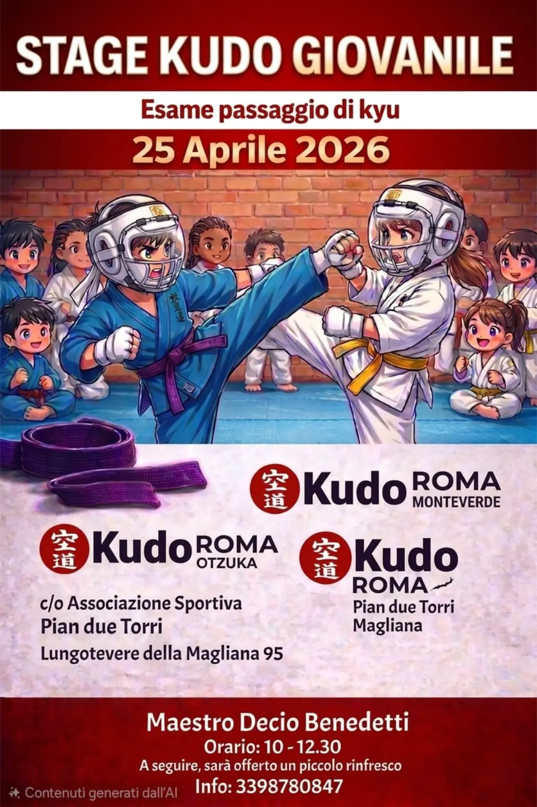 Bambini e ragazzi praticano Kudo durante uno stage giovanile con caschetti e cinture colorate, in un ambiente sportivo educativo e inclusivo.