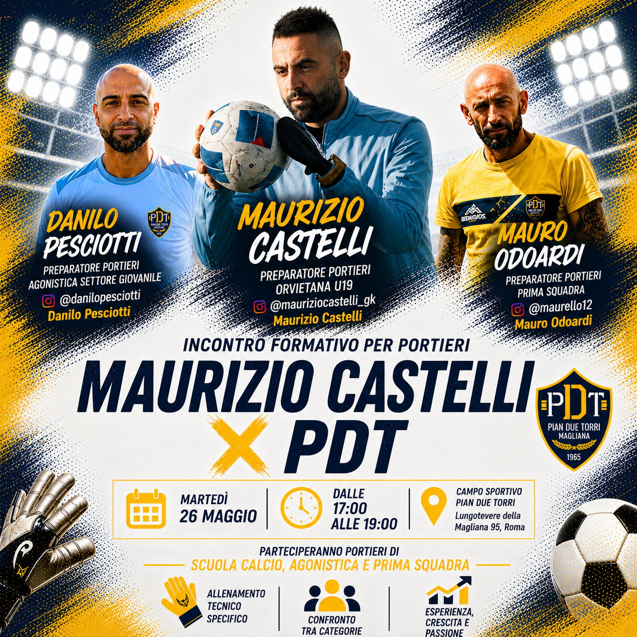 Locandina ufficiale dell’evento “Maurizio Castelli x PDT” con i preparatori portieri Maurizio Castelli, Mauro Odoardi e Danilo Pesciotti e le informazioni dell’incontro formativo dedicato ai portieri del Pian Due Torri.