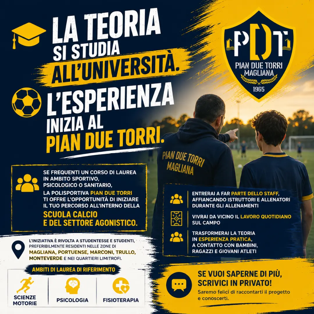 Locandina della Polisportiva Pian Due Torri dedicata agli studenti universitari interessati a fare esperienza pratica nella Scuola Calcio e nel Settore Agonistico. Sullo sfondo un allenatore affianca un giovane collaboratore durante un allenamento sul campo.