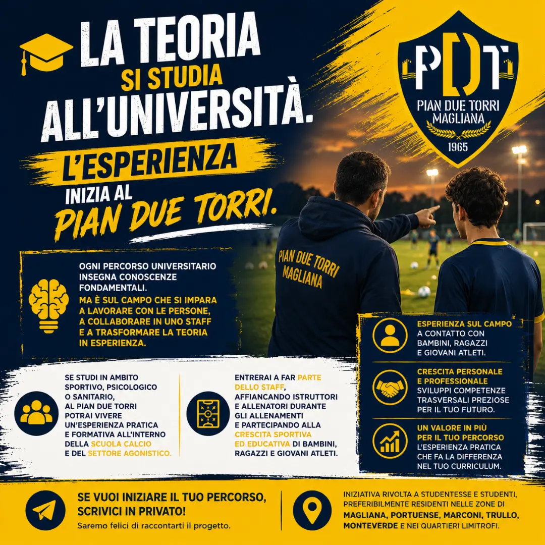 Dalla teoria alla pratica: costruisci il tuo futuro sul campo Locandina informativa del Pian Due Torri che presenta l'opportunitĂ di acquisire esperienza pratica nella Scuola Calcio e nel Settore Agonistico attraverso l'affiancamento di istruttori e allenatori.