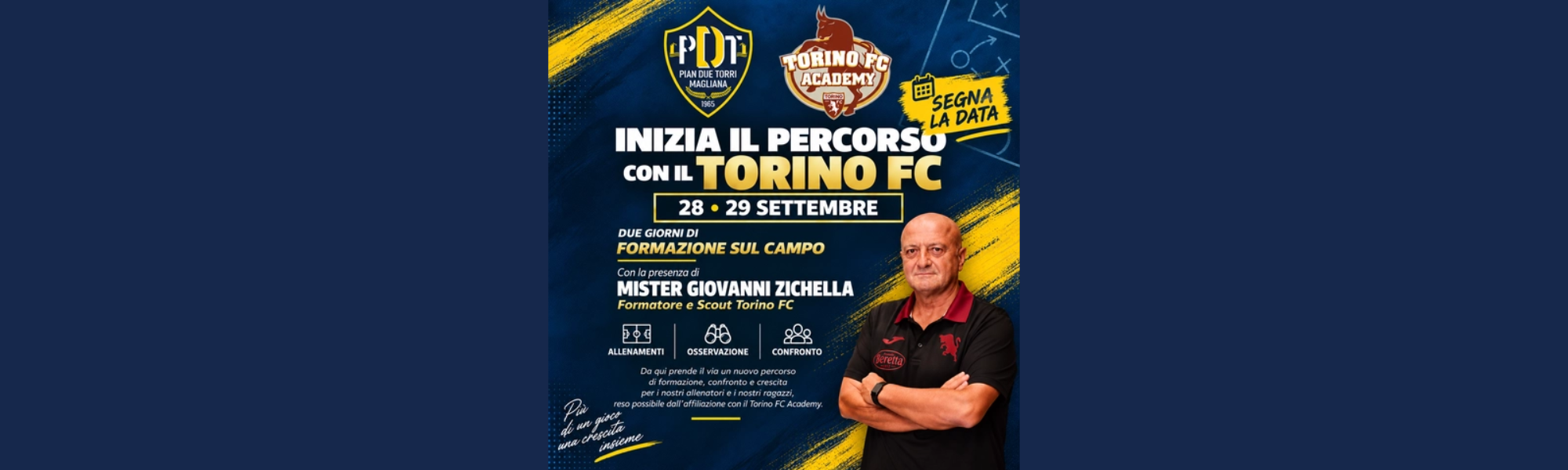 Grafica della prima visita del Torino FC Academy a Pian Due Torri il 28 e 29 settembre