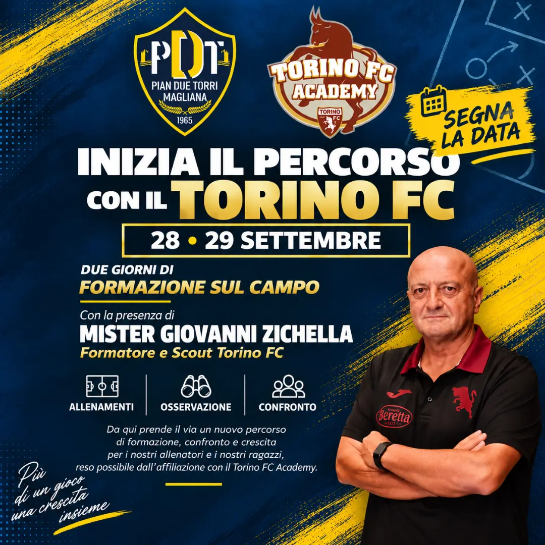 Prima visita Torino FC Academy a Pian Due Torri Grafica della prima visita del Torino FC Academy a Pian Due Torri il 28 e 29 settembre