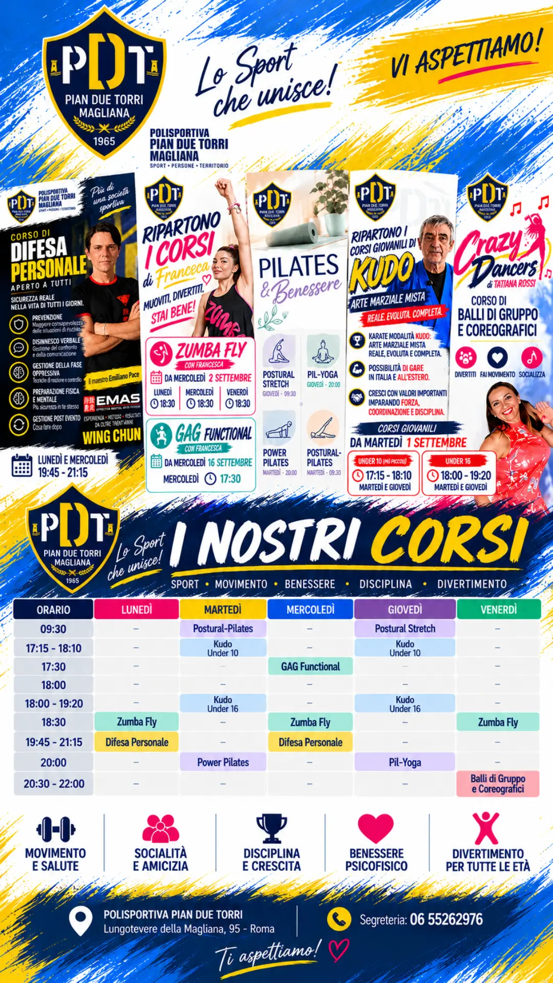 Corsi sportivi alla Magliana – Pian Due Torri Magliana Locandina dei corsi sportivi della Polisportiva Pian Due Torri Magliana a Roma: Zumba, difesa personale, Pilates, balli di gruppo e Kudo.